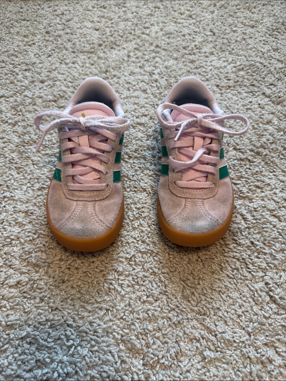 adidas Kids Pink Suede Sneakers with Green Stripes and Gum Sole